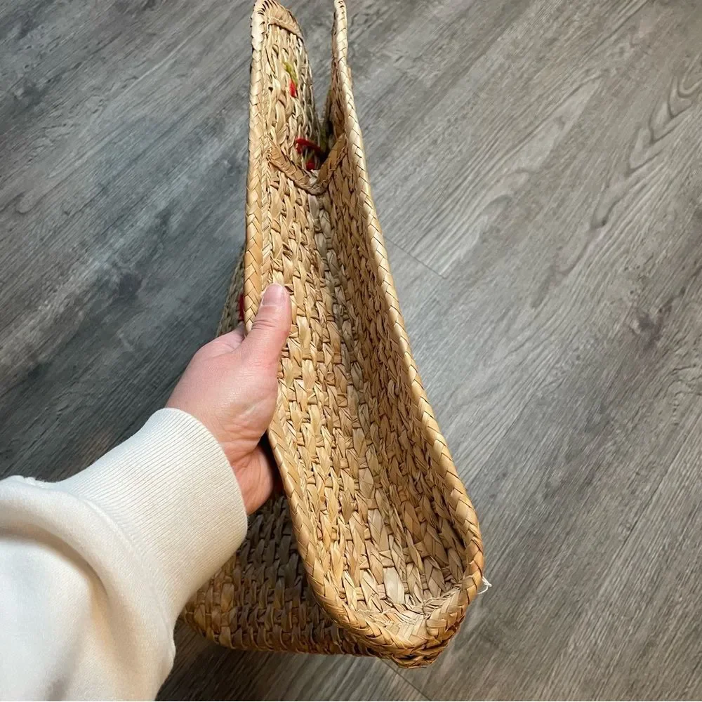 VINTAGE Hand Woven Straw México Floral Large Beach Tote Bag - Picture 6 of 10